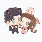  1boy 1girl :3 absurdres aerith_gainsborough animal_ears black_gloves black_hair black_pants blue_eyes blush_stickers braid braided_ponytail brown_hair cheek-to-cheek chibi chibi_only chrl-sfc closed_mouth commentary_request couple cross_scar dog_boy dog_ears final_fantasy final_fantasy_vii final_fantasy_vii_remake full_body gloves green_eyes grey_background hair_ribbon heads_together highres holding_hands jacket kemonomimi_mode long_hair looking_at_another one_eye_closed open_clothes open_jacket open_mouth pants parted_bangs pink_ribbon rabbit_ears rabbit_girl red_jacket ribbon scar scar_on_cheek scar_on_face sleeveless sleeveless_turtleneck spiked_hair standing sweater tail turtleneck turtleneck_sweater zack_fair 