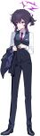 1girl black_hair black_jacket black_pants black_shoes black_vest blue_archive butler closed_mouth collared_shirt dress_shoes female_butler full_body game_asset hair_between_eyes hair_ornament hairclip halo hands_up haruka_(blue_archive) haruka_(suit)_(blue_archive) highres holding holding_unworn_clothes holding_unworn_jacket jacket long_sleeves necktie official_alternate_costume official_art pants purple_eyes purple_hair purple_halo purple_necktie shirt shoes simple_background solo standing suit_jacket suit_pants tachi-e third-party_source transparent_background unworn_jacket vest white_shirt 