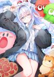  1girl :o absurdres animal_ears aqua_eyes arm_up bed_sheet black_robe blue_hair blue_skirt blush braid brown_hairband buttons cat_ears cat_girl collared_shirt commentary_request commission controller feet_out_of_frame game_controller glasses growlithe hair_between_eyes hair_rings hairband hand_on_own_chest hand_up head_on_pillow head_tilt heart_container highres indie_virtual_youtuber kirby kirby_(series) long_hair long_sleeves looking_at_viewer lying miniskirt mole mole_under_eye multicolored_hair nintendo_switch nintendo_switch_pro_controller on_back on_bed open_clothes open_robe outofthehold parted_lips partially_unbuttoned pillow plaid_clothes plaid_skirt pleated_skirt poke_ball pokemon robe round_eyewear second-party_source shirt shirukuma_riune sidelocks single_hair_ring skeb_commission skirt solo splatoon_(series) streaked_hair stuffed_animal stuffed_toy the_legend_of_zelda translation_request very_long_hair virtual_youtuber white_shirt white_streaks wide_sleeves yellow-framed_eyewear 