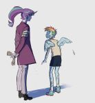  1boy 1girl 2boys angel angel_wings arms_behind_back bandages bandaid bandaid_on_face blue_hair blue_skin coat colored_skin commentary_request feathered_wings feathers highres horns korean_commentary long_hair multicolored_hair multiple_boys my_little_pony my_little_pony:_friendship_is_magic oxoooo paper ponytail purple_hair purple_skin rainbow_dash short_hair shorts simple_background single_horn standing starlight_glimmer wings 