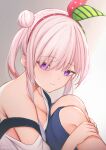  1girl absurdres airani_iofifteen armpit_crease blue_overalls blush breasts cleavage closed_mouth commentary green_ribbon hair_bun hair_ribbon hands_on_own_legs highres hololive hololive_indonesia knees knees_up large_breasts long_hair one_side_up overalls parkiranhonda pink_hair pink_lips pink_ribbon polka_dot polka_dot_ribbon purple_eyes ribbon shirt single_side_bun solo strap_slip striped_ribbon virtual_youtuber white_background white_shirt 