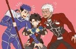  3boys archer_(fate) belt_pouch black_eyes black_gloves black_hair blue_bodysuit blue_hair bodysuit box closed_eyes command_spell commentary_request covered_abs crying cu_chulainn_(fate) cu_chulainn_(fate/stay_night) cu_chulainn_(lancer)_(fate) dark-skinned_male dark_skin earrings fate/grand_order fate_(series) flying_sweatdrops fujimaru_ritsuka_(male) fujimaru_ritsuka_(male)_(polar_chaldea_uniform) gae_bolg_(fate) gift gloves hair_tubes heart-shaped_box highres holding holding_gift holding_polearm holding_weapon jewelry light_blush male_focus multiple_boys open_mouth pectorals pink_background polearm ponytail pouch shibanui sleeves_past_wrists smile streaming_tears tears weapon white_hair 
