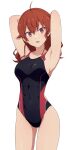  1girl absurdres ahoge armpits arms_behind_head arms_up black_one-piece_swimsuit breasts commentary_request competition_swimsuit covered_abs cowboy_shot eris_greyrat hair_between_eyes highleg highleg_one-piece_swimsuit highres long_hair looking_at_viewer medium_breasts mushoku_tensei na-suke one-piece_swimsuit open_mouth presenting_own_armpit red_eyes red_hair red_one-piece_swimsuit simple_background solo standing swimsuit toned toned_female two-tone_one-piece_swimsuit white_background 