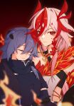  2girls absurdres black_jacket chinese_commentary closed_eyes commentary_request dual_persona fu_hua fu_hua_(fenghuang_of_vicissitude) fu_hua_(shadow_knight) grey_hair highres honkai_(series) honkai_impact_3rd jacket long_hair multiple_girls nanguatudou_dunpaigu red_background red_eyes red_hair shirt white_hair yellow_pupils 