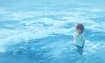  1girl :| absurdres character_name chiyoda_momo closed_mouth commentary english_commentary expressionless from_above green_eyes hair_between_eyes hair_ornament highres looking_at_viewer looking_up machikado_mazoku mayoo03 medium_hair ocean outdoors partially_submerged pink_hair reflection reflective_liquid shirt sidelighting solo t-shirt upper_body wet wet_clothes wet_shirt white_shirt x_hair_ornament 