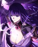  1girl armor between_breasts blunt_bangs braid breasts bridal_gauntlets cleavage clothing_cutout commentary drawing_sword electricity genshin_impact glowing glowing_eyes glowing_sword glowing_weapon gradient_hair hair_ornament highres holding holding_sword holding_weapon human_scabbard japanese_clothes kimono large_breasts looking_at_viewer mitsudomoe_(shape) mole mole_under_eye multicolored_hair musou_isshin_(genshin_impact) neck_ribbon off_shoulder parted_lips purple_background purple_hair purple_kimono purple_nails raiden_shogun red_ribbon red_sash ribbon sash shoulder_armor shoulder_cutout single_braid solo sword sword_between_breasts tomoe_(symbol) upper_body user_gjdt4782 weapon weapon_between_breasts 
