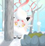  bare_tree bright_pupils commentary_request highres hisuian_zorua neck_fur no_humans outdoors pocketekcop pokemon pokemon_(creature) pokemon_focus pokemon_legends:_arceus snow standing tree vivichoke white_fur white_pupils yellow_eyes 