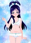  1girl :o absurdres alternate_costume bare_arms bare_legs bare_shoulders blue_background blue_eyes blue_hair blush bow bra breasts collarbone commentary commission cowboy_shot cure_white curled_fingers embarrassed frilled_bra frilled_panties frills futari_wa_precure groin hair_bow hair_ornament half_updo hand_up head_tilt heart heart_hair_ornament highres large_variant_set long_hair looking_at_viewer magical_girl navel no_earrings nose_blush open_mouth panties parted_bangs pixiv_commission precure raised_inner_eyebrows signature small_breasts solo stomach straight-on thick_eyebrows tirofinire underwear variant_set white_bow white_bra white_panties yukishiro_honoka 