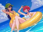  2girls amate_yuzuriha aqua_eyes ball baseball_cap beachball bikini blue_sky breasts casual_one-piece_swimsuit cloud commentary_request daoshitaka day dutch_angle eyewear_on_head green_hat gundam gundam_gquuuuuux hat highres horizon innertube large_breasts multiple_girls nyaan_(gundam_gquuuuuux) ocean one-piece_swimsuit outdoors red_hair short_hair sky sunglasses swim_ring swimsuit white_bikini yellow_one-piece_swimsuit 
