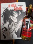  1boy alcohol alucard_(hellsing) ascot bottle coat commentary_request grin hellsing highres hirano_kouta looking_at_viewer male_focus medium_hair monochrome official_art photo_(medium) smile solo teeth traditional_media upper_body whiskey 