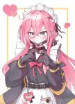  1girl apron black_choker black_gloves black_jacket black_mask black_survival blush character_name choker closed_mouth crossed_bangs enmaided eternal_return:_black_survival four-finger_heart_hands gloves green_eyes hands_up heart heart_hands highres jacket long_hair long_sidelocks looking_at_viewer low_twintails maid maid_apron maid_headdress mask mirka_(black_survival) mouth_mask nagi_(user_sdsr2844) pink_hair sidelocks solo spiked_hair_tubes twintails upper_body 