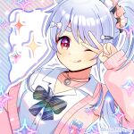  1girl :q ;q animal_ear_fluff animal_ears black_bow blue_hair blush bow breasts cardigan closed_mouth collarbone collared_shirt commentary_request diagonal-striped_background diagonal-striped_bow dress_shirt hair_ornament hairclip hololive kou_hiyoyo long_hair multicolored_hair off_shoulder one_eye_closed open_cardigan open_clothes pink_cardigan pixelated rabbit-shaped_pupils rabbit_ears red_eyes school_uniform shirt short_eyebrows side_ponytail small_breasts smile solo sparkle streaked_hair striped_background striped_bow symbol-shaped_pupils thick_eyebrows tongue tongue_out twitter_username usada_pekora usada_pekora_(12th_costume) v virtual_youtuber white_bow white_hair white_shirt 