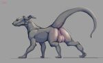  2020 absurd_res all_fours backsack balls big_balls butt claws dragon feral genitals grey_background hi_res horn looking_at_viewer looking_back male maxydont motion_lines raised_tail rear_view scalie signature simple_background sketch solo teeth toe_claws zigzag_horn 