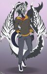  5_fingers absurd_res anthro clothed clothing dragon equid equine fingers hi_res hooves hybrid male mammal membrane_(anatomy) membranous_wings neko-me simple_background smile solo wings zebra 