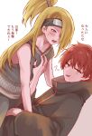  akatsuki_uniform angry asymmetrical_bangs black_eyeliner black_nails blonde_hair blue_eyes blush brown_eyes commentary_request crop_top deidara_(naruto) eyeliner fishnet_top fishnets forehead_protector grey_pants grey_shirt hand_on_another's_chest high_ponytail highres implied_yaoi iwagakure_symbol laughing long_hair looking_at_another looking_at_viewer makeup male_focus naruto_(series) naruto_shippuuden pants ponytail red_hair robe sasori_(naruto) shirt short_hair simple_background sou_(yesyesyeah) sweatdrop white_background 