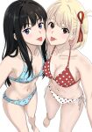  2girls :p armpit_crease bikini black_hair blonde_hair blue_bikini bob_cut breasts brown_eyes cherry_print closed_mouth commentary_request food_print foreshortening from_above fruit_print iganin_r inoue_takina large_breasts long_hair looking_at_viewer looking_up lycoris_recoil mismatched_bikini multiple_girls navel nishikigi_chisato polka_dot polka_dot_bikini print_bikini purple_eyes red_bikini short_hair side-tie_bikini_bottom sideboob simple_background standing stomach straight_hair swimsuit tongue tongue_out unfinished white_background white_bikini 