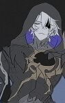  1boy armor black_background black_robe closed_mouth commentary_request covered_collarbone cracked_skin glitch grey_eyes hair_between_eyes highres honkai:_star_rail honkai_(series) hooded_robe long_sleeves looking_at_viewer male_focus pale_skin phainon_(flame_reaver)_(honkai:_star_rail) phainon_(honkai:_star_rail) robe short_hair shoulder_armor simple_background solo tomanattsu upper_body vhs_artifacts white_hair 