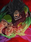  1boy abs bara black_hair blue_legwear broly_(dragon_ball_super) dark_skin dark_skinned_male dragon_ball dragon_ball_super dragon_ball_super_broly embers feet_out_of_frame fighting_stance from_above glowing glowing_eyes highres jewelry legs_apart long_hair male_focus muscular muscular_male neck_ring pectorals scar scar_on_cheek scar_on_face shirtless simple_background spiked_hair thick_thighs thighs torawar torn_clothes torn_legwear yellow_eyes 