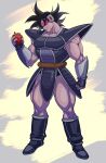  1boy absurdres armor bara black_hair breastplate character_request check_character dragon_ball dragon_ball_(classic) evil_smile full_body head_tilt highres male_cleavage male_focus mature_male muscular muscular_male saiyan_armor short_hair smile solo spiked_hair thick_thighs thighs torawar tullece veins 
