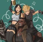  1girl 2boys anger_vein arm_cannon arm_up armor bare_shoulders barret_wallace beer_mug belt belt_buckle black_gloves black_hair black_skirt black_thighhighs blonde_hair blue_eyes breasts brown_vest buckle closed_eyes cloud_strife commentary crop_top cup dark-skinned_male dark_skin dog_tags earrings english_commentary facial_hair final_fantasy final_fantasy_vii final_fantasy_vii_remake gloves green_background highres holding holding_cup jewelry long_hair midriff mug multiple_belts multiple_boys navel on_shoulder open_mouth short_hair shoulder_armor shy_(ribboneels) sitting sitting_on_person sitting_on_shoulder skirt sleeveless sleeveless_turtleneck spiked_hair suspender_skirt suspenders sweater tank_top thighhighs tifa_lockhart turtleneck turtleneck_sweater vest weapon white_tank_top zettai_ryouiki 