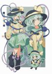  1girl absurdres black_boots black_hat boots bow buttons commentary diamond_button disembodied_linked_eye eyeball floral_print frilled_shirt_collar frilled_sleeves frills green_eyes green_hair green_skirt hat hat_bow hat_ribbon heart heart_of_string highres komeiji_koishi myakopu ribbon rose_print shirt simple_background skirt smile touhou wide_sleeves yellow_bow yellow_ribbon yellow_shirt 