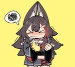  >_< 1girl animal_ear_fluff animal_ears black_hair blush clenched_hand closed_mouth cocomayo29_(tomato) commentary detached_sleeves food fruit highres holding holding_food holding_fruit hololive horizontal_navel lemon long_hair navel nose_blush ookami_mio ookami_mio_(1st_costume) pleated_skirt raised_inner_eyebrows skirt spoken_squiggle squiggle trembling untranslatable_commentary virtual_youtuber wolf_ears wolf_girl yellow_background 