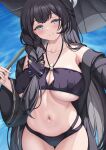  1girl alternate_breast_size_(larger) bikini black_bikini black_coat black_hair blue_archive blue_eyes blush braid breasts cleavage coat collarbone commentary grey_halo halo highres holding holding_umbrella kisaki_(blue_archive) kisaki_(swimsuit)_(blue_archive) korean_commentary large_breasts long_hair looking_at_viewer low_side_ponytail navel official_alternate_costume official_alternate_hairstyle oil-paper_umbrella pcreambang side_braid side_ponytail smile solo swimsuit teeth thighs umbrella underboob 