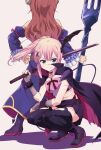  >:) 2girls bare_shoulders bat_wings black_collar black_skirt blonde_hair blue_dress blue_eyes boots bow cape chiyoda_momo closed_mouth collar crisis_management_form_(machikado_mazoku) dark_persona demon_girl demon_horns demon_tail detached_sleeves dress facing_away fork frilled_sleeves frills full_body gold_trim grey_background hair_between_eyes hair_ornament hairclip hand_on_own_hip heart highleg highleg_panties highres holding holding_sword holding_weapon horns katana long_hair looking_at_viewer machikado_mazoku midriff mukaibi_aoi multiple_girls navel panties polearm ponytail red_bow red_hair red_ribbon ribbon scar shadow side-tie_panties simple_background skirt smile smug split_mouth squatting standing sword tail torn_clothes trident underwear v-shaped_eyebrows weapon wide_sleeves wings yoshida_yuuko zettai_ryouiki 