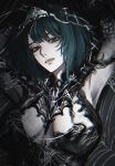  1girl amulet armpit_cutout armpits arms_up black_hair breasts cleavage cleavage_cutout clothing_cutout commentary_request fishnet_top fishnets gi_ra1 head_ornament helentine_(pgr) highres lace_dress large_breasts looking_at_viewer lying medium_hair on_back parted_lips punishing:_gray_raven silk solo spider_web upper_body veil 