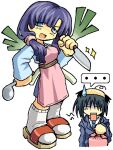  ... 1boy 1girl apron bag balding black_hair blue_eyes business_suit character_request closed_eyes commentary_request flip-flops knife kuiyogruut open_mouth original plastic_bag ponytail purple_hair sandals soup_ladle sparkle speech_bubble spoken_ellipsis spring_onion suit sweatdrop white_background 