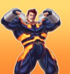  1boy bara beard_stubble boku_no_hero_academia commentary_request covered_abs covered_pectorals covered_penis double_biceps_pose endeavor_(boku_no_hero_academia) energy_camdy facial_hair flexing gradient_background highres male_focus muscular muscular_arms muscular_male mustache_stubble pectorals red_hair scar scar_on_face short_hair simple_background skin_tight solo stubble thick_thighs thighs variant_set 