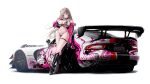  1girl alternate_costume belt_collar bikini black_bikini black_boots black_collar boots breasts brown_hair candy car cellphone cellphone_charm charm_(object) checkered_bikini checkered_clothes checkered_jacket closed_mouth collar commentary covered_nipples dodge_(company) dodge_viper dodge_viper_acr doro_(nikke) english_commentary eyes_visible_through_hair eyeshadow fingernails floating_hair food goddess_of_victory:_nikke hair_ornament hairclip heart heart_o-ring highres holding holding_candy holding_food holding_lollipop holding_phone horns itasha jacket jewelry large_breasts lollipop long_hair looking_at_viewer makeup mask mask_pull mole mole_under_eye motor_vehicle mouth_mask name_connection navel o-ring o-ring_bikini object_namesake phone pink_eyes pink_eyeshadow pink_horns pink_jacket pink_nails race_queen ring simple_background smile solo sports_car stomach swimsuit thigh_strap thighs thumb_ring underboob uzzy2801 very_long_hair viper_(nikke) white_background 