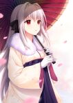  1girl absurdres black_bow bow braid cherry_blossom_print cherry_blossoms commentary_request cowboy_shot crown_braid dated_commentary eyelashes falling_petals floral_print floral_print_kimono fur-trimmed_kimono fur_trim gloves grey_hair hair_between_eyes hair_bow hair_intakes hakama hakama_skirt hands_up highres holding holding_umbrella japanese_clothes kimono light_blush long_hair long_sleeves looking_ahead maijin_(ayisaka) oil-paper_umbrella parted_lips petals print_kimono purple_hakama red_eyes red_umbrella sakurakouji_luna sidelocks skirt solo straight_hair tsuki_ni_yorisou_otome_no_sahou umbrella very_long_hair white_gloves wide_sleeves yellow_kimono 