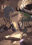  2girls alcina_(unicorn_overlord) bare_shoulders blue_cape blue_hair book bookshelf breasts cape commentary_request from_side green_hair hand_up hat highres holding holding_pen horned_hat indoors looking_at_another medium_breasts mole mole_under_eye multiple_girls navel nutori_manga open_book parted_lips pen short_hair stomach table unicorn_overlord window witch witch_hat yahna_(unicorn_overlord) 