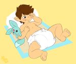  absurd_res blush child cuddlehooves diaper elezen feet hi_res humanoid humanoid_pointy_ears male mat mythological_carbuncle mythology nipples not_furry one_eye_closed pillow plushie solo spread_legs spreading tired watermark young 