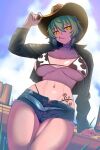  1girl abs adjusting_clothes adjusting_headwear animal_print backlighting bikini black_jacket blue_shorts blue_sky breast_tattoo breasts cell_(fu_cell) choker commentary_request cow_print cow_print_bikini cowgirl_(western) cropped_jacket denim denim_shorts green_hair highres hikage_(senran_kagura) hip_tattoo jacket large_breasts mouth_hold navel on_fence open_mouth outdoors print_bikini revealing_clothes senran_kagura senran_kagura_shoujo-tachi_no_shin'ei short_hair short_shorts shorts sky slit_pupils snake_tattoo solo stalk_in_mouth stomach swimsuit tattoo thighs yellow_eyes 