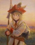  1girl androgynous animal_ears beret blonde_hair blue_eyes braid diu9you facing_viewer field hat hat_ornament highres holding holding_polearm holding_weapon medium_hair original polearm polish_clothes sunset tunic twin_braids weapon white_tunic 