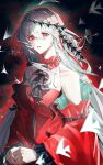  1girl aaa_you_ying_de_duanzao_shi_mogu_pifa absurdres arknights ascot bare_shoulders black_ascot black_background breasts chinese_commentary commentary_request detached_sleeves dress fish grey_hair hair_between_eyes highres long_hair long_sleeves looking_at_viewer official_alternate_costume pale_skin parted_lips red_dress red_eyes red_sleeves skadi_(arknights) skadi_the_corrupting_heart_(arknights) solo upper_body very_long_hair white_hair 