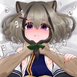  1boy 1girl absurdres animal_ears asphyxiation bare_shoulders black_hair blood blush breasts clenched_teeth clothes_down clothing_request commentary_request empty_eyes front_ponytail full-face_blush furuki_yoki_bon_odori grey_hair hand_on_another's_arm hands_on_another's_neck highres imari_(shadowverse) looking_at_viewer lying multicolored_hair on_back pov pov_hands purple_eyes raccoon_ears raccoon_girl saliva shadowverse shadowverse:_worlds_beyond short_hair sideboob small_breasts strangling streaked_hair teeth two-tone_hair 