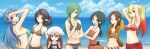  6+girls absurdres ahoge arm_up armpits arms_up beach bikini black_bikini black_hair black_one-piece_swimsuit blonde_hair blue_eyes blue_hair blush breasts brown_eyes brown_hat character_request cleavage closed_mouth cloud cloudy_sky commentary_request crossed_arms day glasses gradient_hair green_hair grin hair_over_one_eye hair_tie hair_tie_in_mouth hand_up hands_in_own_hair hands_up hat hat_on_back highres horns large_breasts long_hair looking_at_viewer medium_breasts mouth_hold multicolored_hair multiple_girls murumuru_(partisan) navel ocean one-piece_swimsuit one_eye_covered outdoors personification pointy_ears pokemon polka_dot polka_dot_bikini ponytail purple_eyes red_bikini red_eyes red_hair school_swimsuit sidelocks single_horn sky smile striped_bikini striped_clothes swimsuit teeth twintails v white_hat 