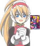  1girl :d absurdres blonde_hair blue_eyes blush ciel_(mega_man) dress emoji game_screenshot_inset gloves happy highres long_hair mega_man_(series) mega_man_zero_(series) open_mouth own_hands_clasped own_hands_together pink_dress ponytail raica_(khongbautroi) reference_inset screenshot_inset simple_background smile upper_body white_background white_gloves 