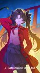  arm_behind_back arm_behind_head black_hair blue_eyes bow bright_pupils chinese_commentary closed_mouth coat commentary_request fate/stay_night fate/unlimited_blade_works fate_(series) floating_hair highres long_hair long_sleeves looking_at_viewer open_clothes open_coat outdoors pantyhose red_bow red_coat shirt skirt sky smile solo srpzk star_(sky) starry_sky tohsaka_rin twintails white_pantyhose 