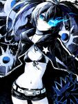  1girl absurdres belt belt_buckle bikini bikini_top_only black_bikini black_choker black_hair black_jacket black_rock_shooter black_rock_shooter_(character) blue_eyes blue_fire blue_theme breasts buckle choker closed_mouth commentary fire flaming_eye highres hood hooded_jacket jacket looking_at_viewer mato_thf navel pale_skin short_shorts shorts small_breasts solo star_(symbol) star_print stomach swimsuit untranslatable_commentary unzipped 