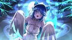  1girl absurdres animal_ears backlighting blue_eyes blue_hair blue_skin bra breasts cleavage colored_skin fishnet_top fishnets ghost_costume halloween halloween_costume highres hip_tattoo indie_virtual_youtuber juunuki large_breasts long_hair looking_at_viewer makeup navel open_mouth runny_makeup sleeves_past_fingers sleeves_past_wrists solo spite_(vtuber) tattoo tombstone underwear virtual_youtuber white_bra wolf_ears wolf_girl 