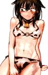  1girl abs animal_ears animal_print arm_support bell bikini black_hair blush brown_eyes burn_scar cameltoe closed_mouth cow_ears cow_print cowbell dated halterneck heterochromia highres kotoba_noriaki leaning_back looking_away navel neck_bell o-ring o-ring_top original scar side-tie_bikini signature simple_background sitting solo sweat swimsuit toned white_background white_bikini wide-eyed 