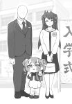  1boy 2girls black_skirt blush_stickers boutonniere chibi collared_shirt commentary_request double_bun dress faceless faceless_male family fewer_digits fricle_(trickcal) graduation greyscale hair_bun hair_ornament hairclip highres horns jewelry leader_(trickcal) long_hair looking_at_viewer monochrome multiple_girls necklace necktie picora_(trickcal) shirt single_horn skirt standing suit trickcal v white_dress white_shirt zwei_(santanawamuujojo) 