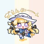  1girl :3 :d black_bow black_gloves blonde_hair blunt_bangs blush_stickers boots bow chibi chibi_only commentary_request dress food full_body gloves hair_bow hair_ornament hat holding holding_food long_hair long_sleeves looking_at_viewer open_mouth pantyhose phoebe_(wuthering_waves) purple_eyes smile solo standing standing_on_one_leg steamed_bun striped_bow syurikenmaru tacet_mark_(wuthering_waves) translation_request very_long_hair white_boots white_dress white_hat wuthering_waves x_hair_ornament 