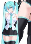  1girl absurdres amaama_(beccyonaika1) aqua_eyes aqua_hair aqua_necktie arm_tattoo arms_behind_back black_skirt black_sleeves black_thighhighs breasts clothes_lift collared_shirt commentary cube_hair_ornament detached_sleeves hair_between_eyes hair_ornament hatsune_miku hatsune_miku_(vocaloid3) highres long_hair looking_at_viewer multicolored_thighhighs necktie number_tattoo pleated_skirt shirt simple_background skirt skirt_lift tattoo thigh_focus thighhighs thighs twintails two-tone_skirt two-tone_thighhighs vocaloid white_background white_shirt zettai_ryouiki 