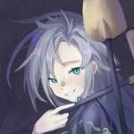  1girl blue_eyes commentary from_side grey_hair himemushi_momoyo holding holding_shovel long_hair looking_at_viewer rumindo shovel smile solo teeth touhou 
