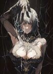  1girl absurdres arm_up armpit_cutout black_gloves black_hair breasts cleavage cleavage_cutout closed_mouth clothing_cutout commentary dark_background fishnet_top fishnets gloves hand_up helentine_(pgr) highres large_breasts looking_at_viewer punishing:_gray_raven ringed_eyes shaded_face silk solo spider_web spider_web_background takamatu_hajime untranslatable_commentary upper_body veil 